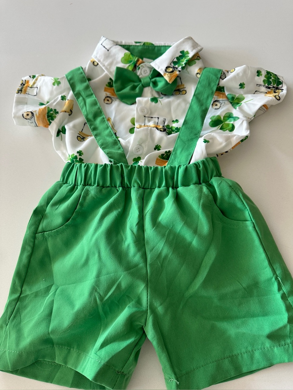 St. Patrick's Green Suspender Shorts Set with Bow Tie trucks 4 leaf clovers